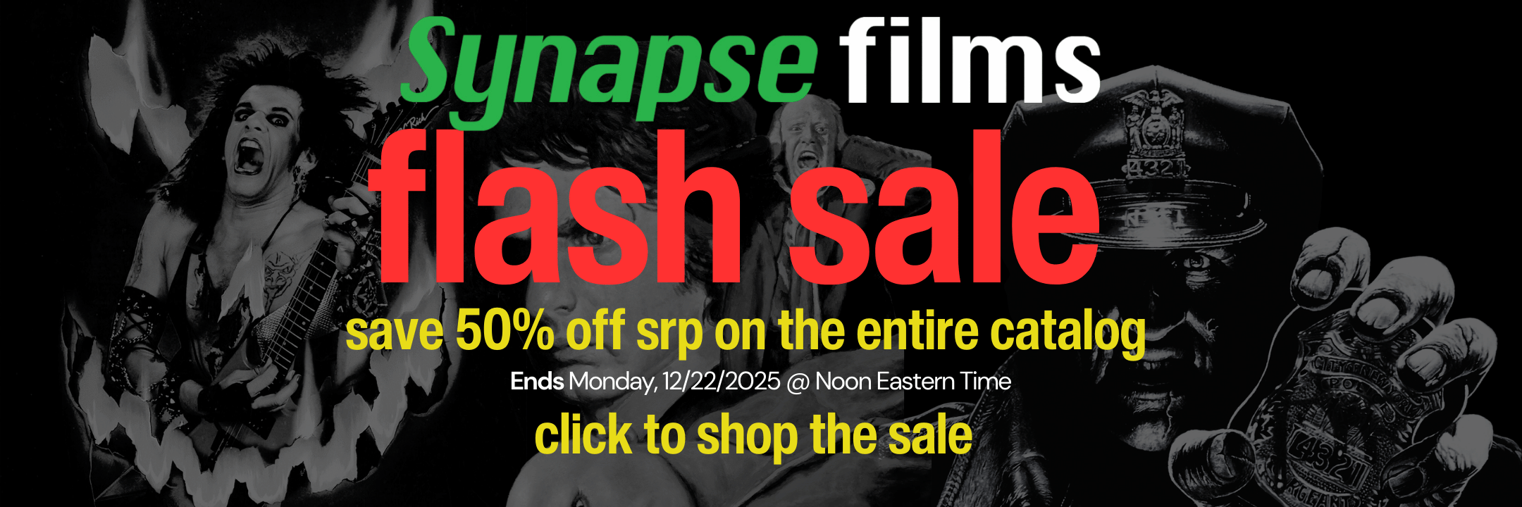 Advertisement for Synapse Films flash sale with promotional text and black and white images of people.
